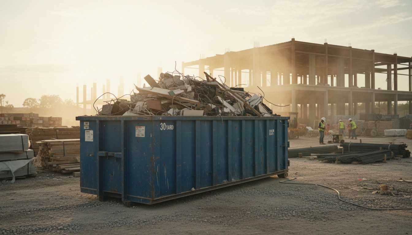 Thirty-yard roll-off container loaded with construction debris at a job site in golden-hour light